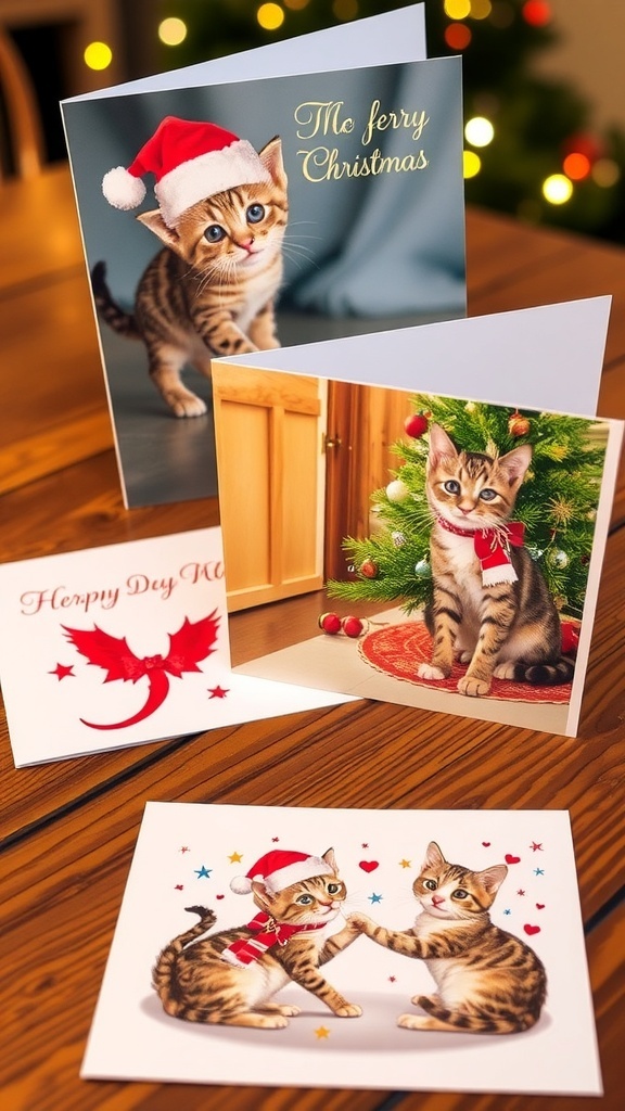 Three Christmas cards featuring cats: a kitten in a Santa hat, a cat by a Christmas tree, and a cat with holiday decorations.